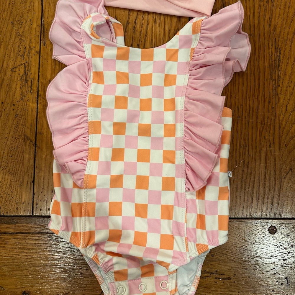 Caden Lane Pink and Orange Checkered Kids Swimsuit